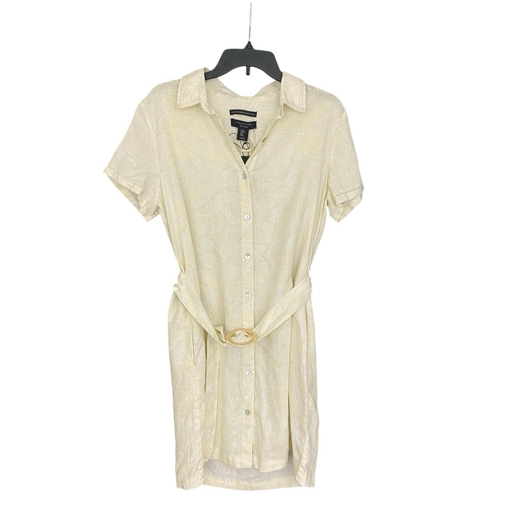 Tahari Linen Shirt Dress M Cream Ivory Palm Print Belted Pockets European Flax‎